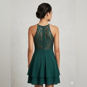 A019 NWT Three Hearts Forest Green Lace Halter Mini Dress Party Cockail Size L